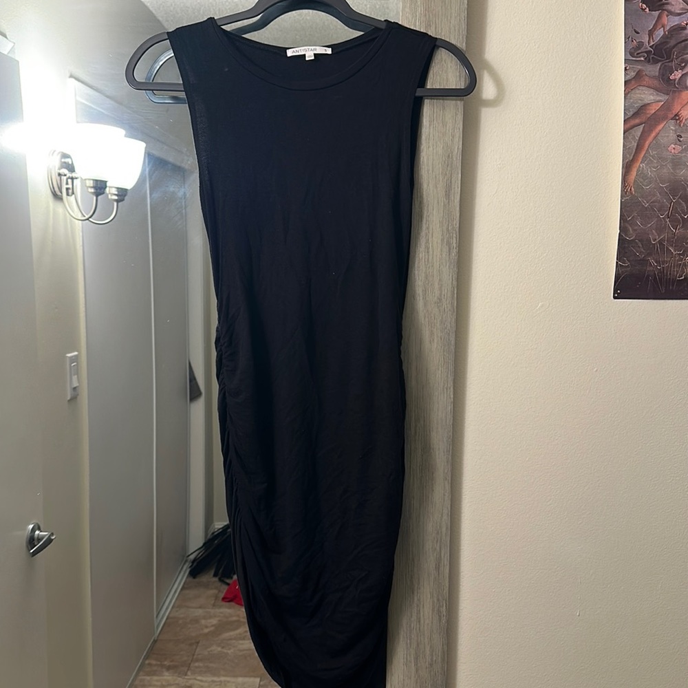 Black womens dress mini midi rouche side detail